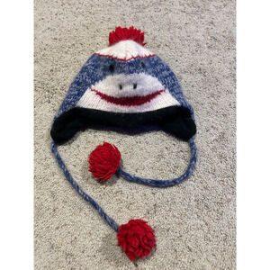 deLux BLUE SOCK MONKEY HAT WOOL Knit TODDLER cap FLEECE LINED WARM! A23